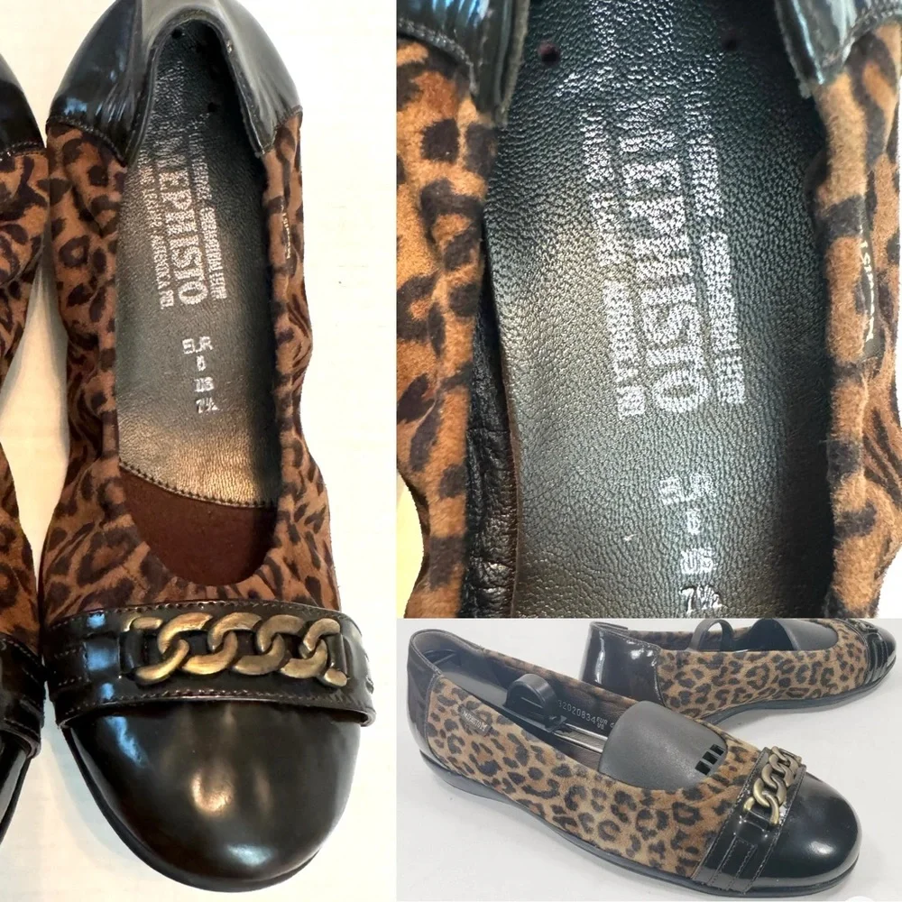 Mephisto Ballet Flats 7.5 Brown Cheetah Leather Cap toe slip ons animal Preppy